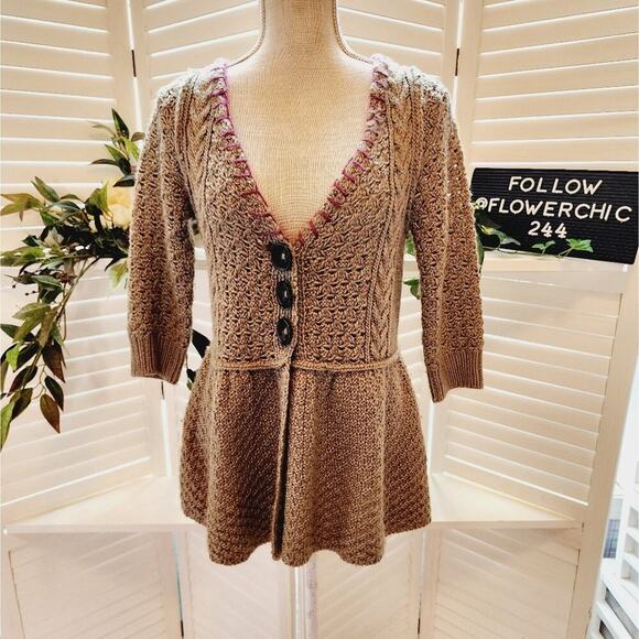 Free People Womens Beige Chunky Knit V Neck 3/4 Sleeve Cardigan Sweater Sz M - Picture 1 of 6